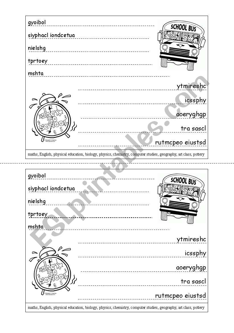 School subjects anagrams activity