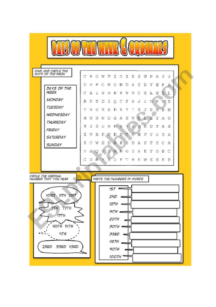 days of the week & ordinal numbers