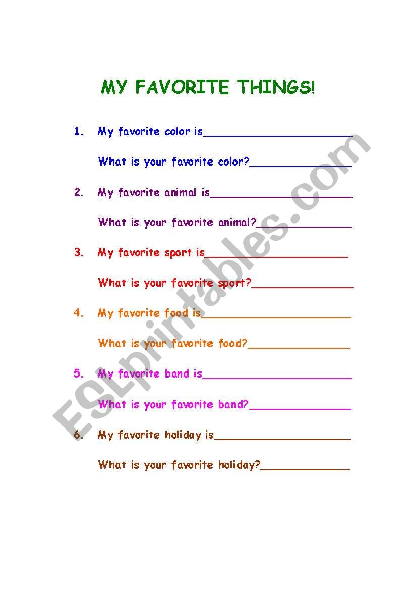 My Favorite Things worksheet