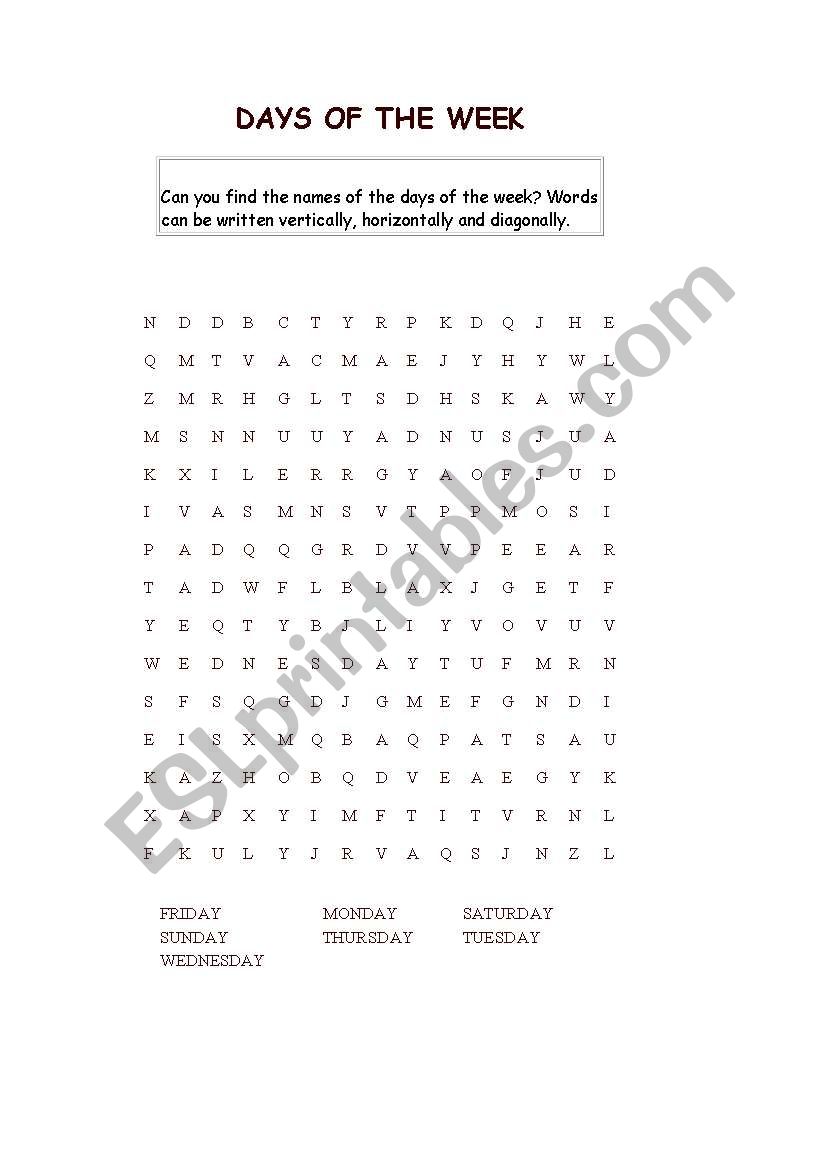 Days of the week - Wordsearch worksheet