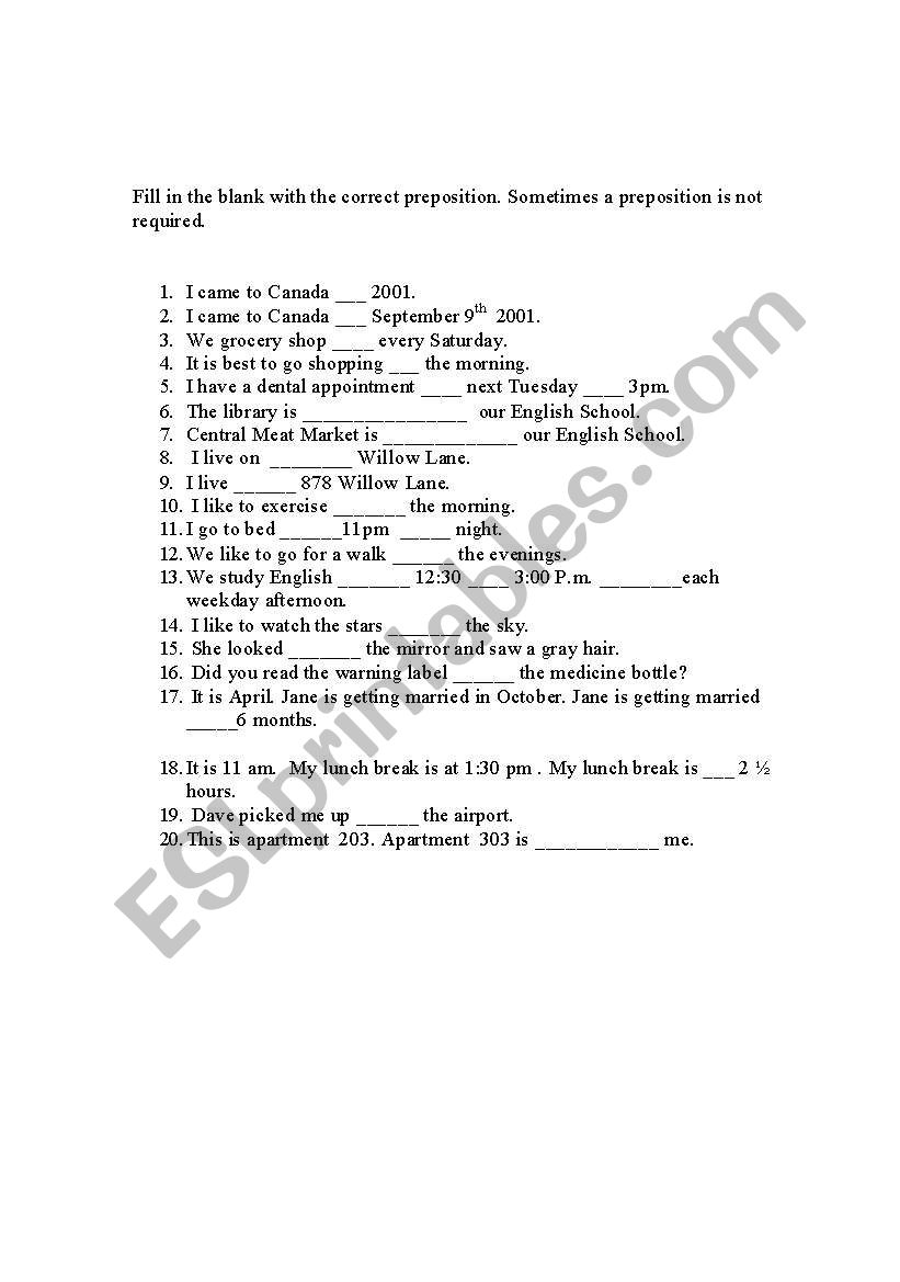Preposition Review worksheet