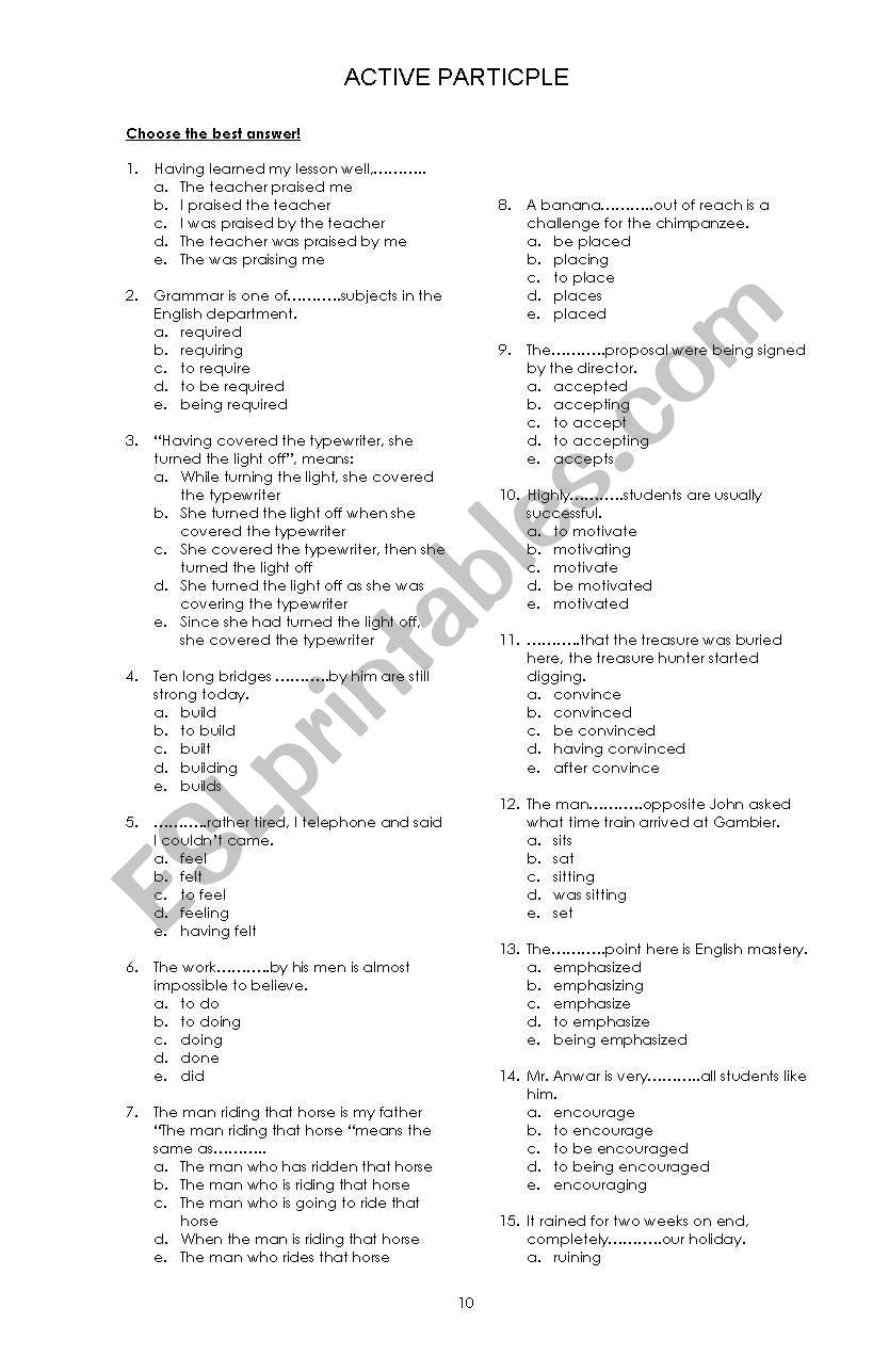 active participles exercise worksheet