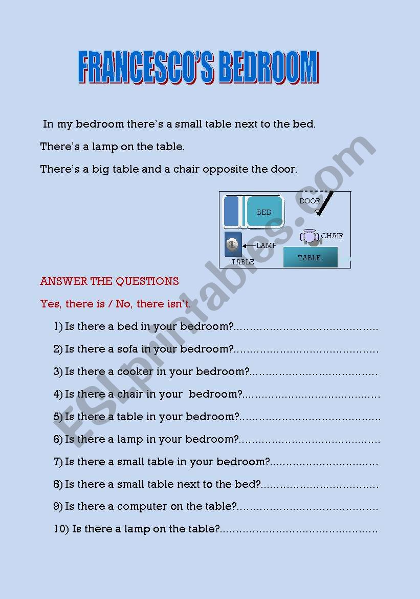 Francescos bedroom worksheet