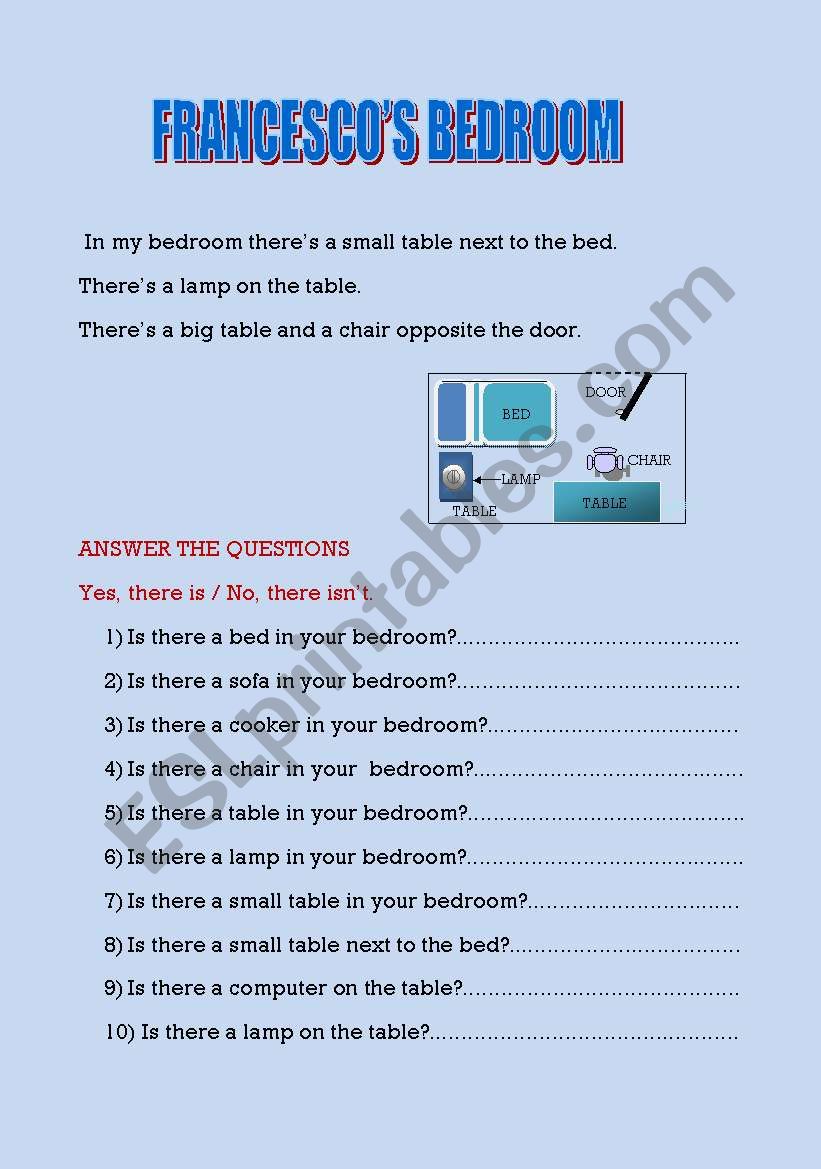 Francescos bedroom worksheet