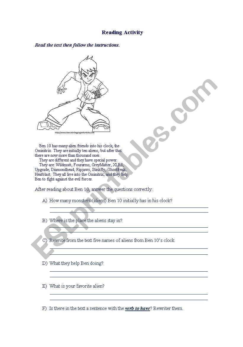 Ben 10 text worksheet