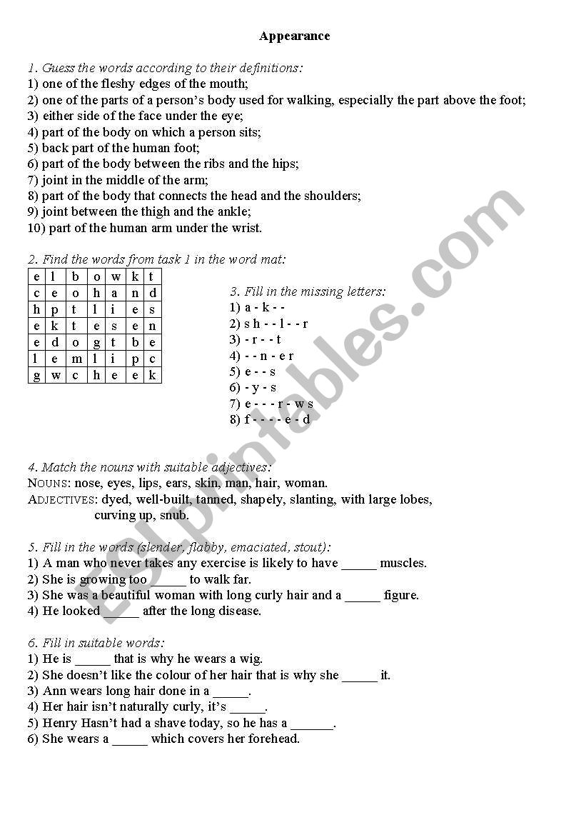 appearance vocabulary worksheet