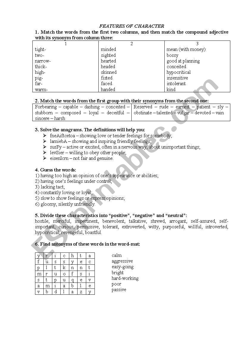 character vocabulary worksheet