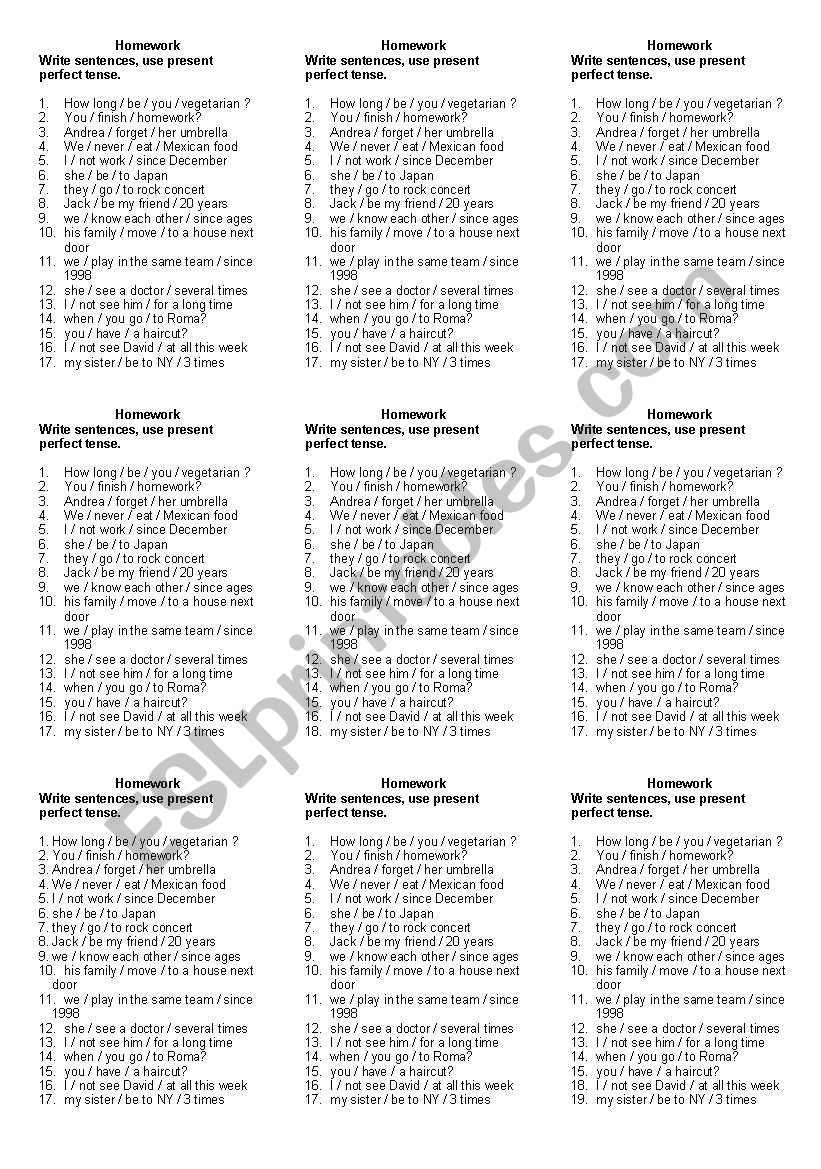 Present Perfect - homework worksheet