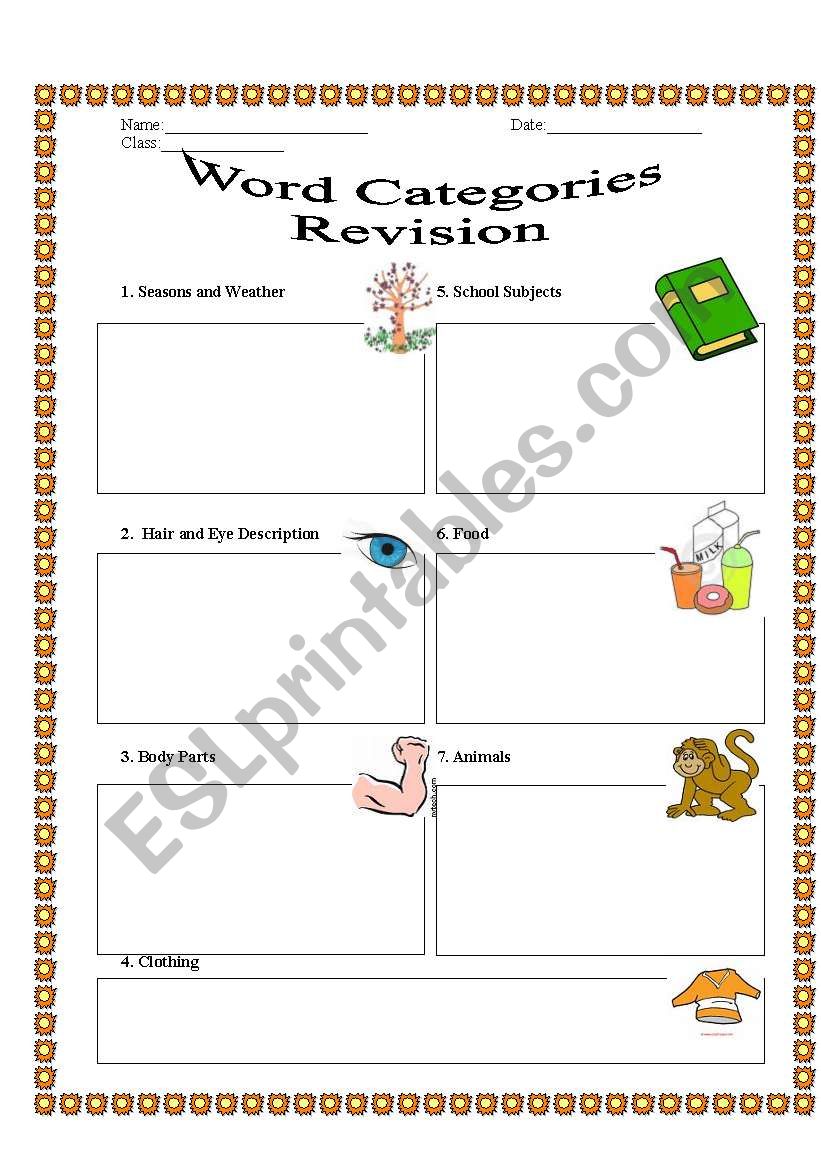 Word Categories Revision game worksheet