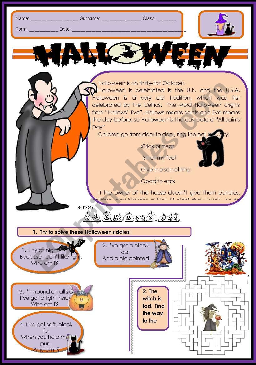 Halloween story, riddles worksheet