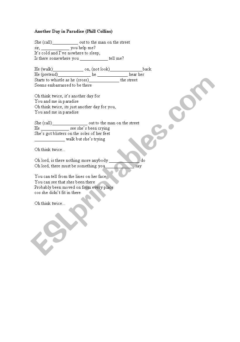 Song: Another Day in Paradise - ESL worksheet by mundico
