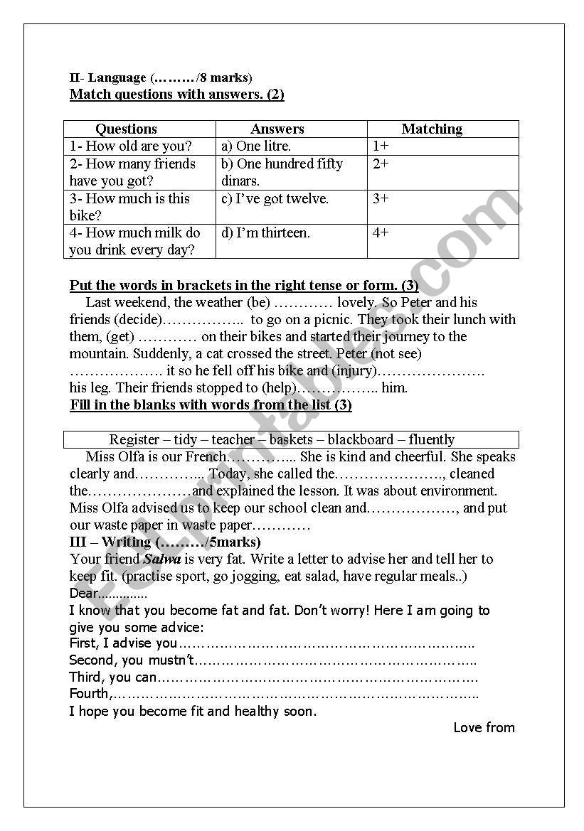 exam worksheet