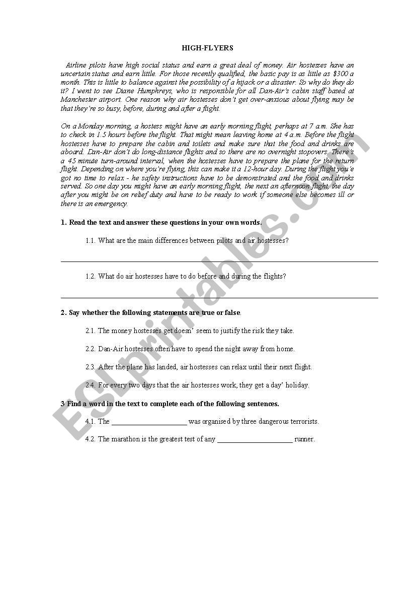 High flyers worksheet