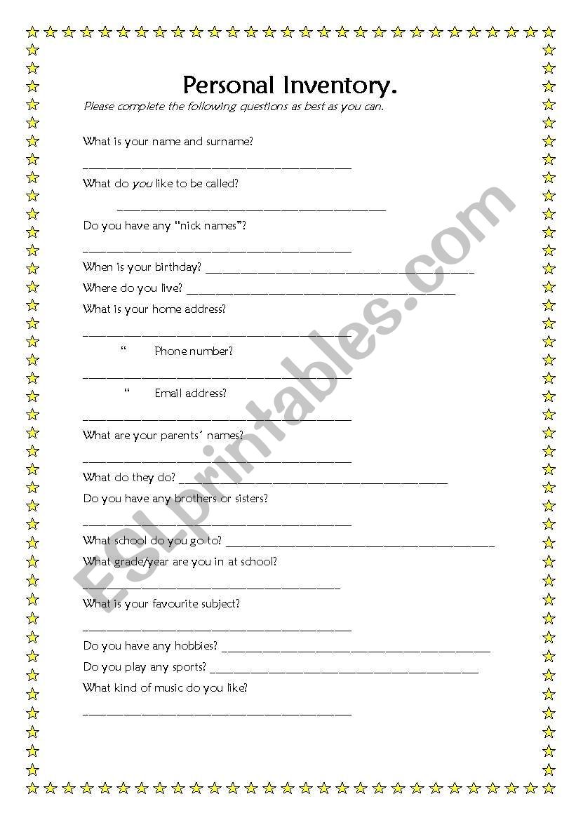 Personal Inventory worksheet