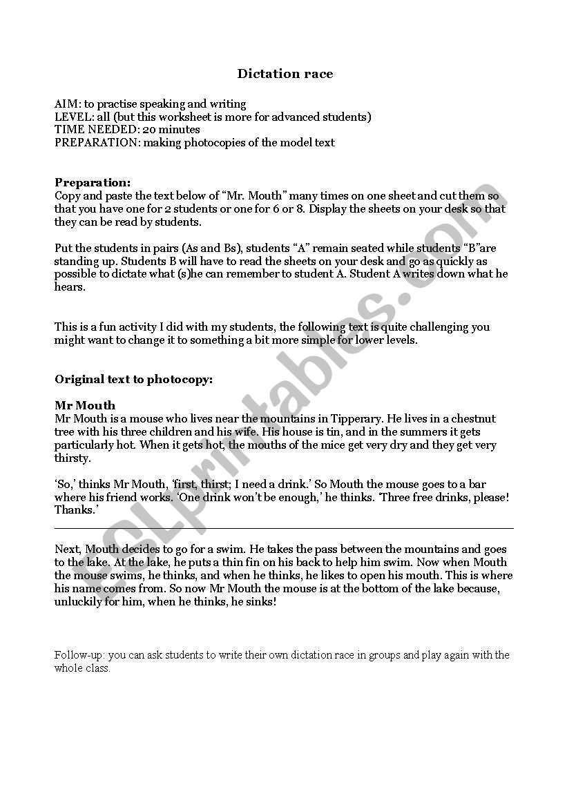 Dictation race worksheet