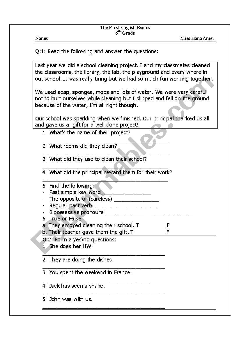 an Exam worksheet