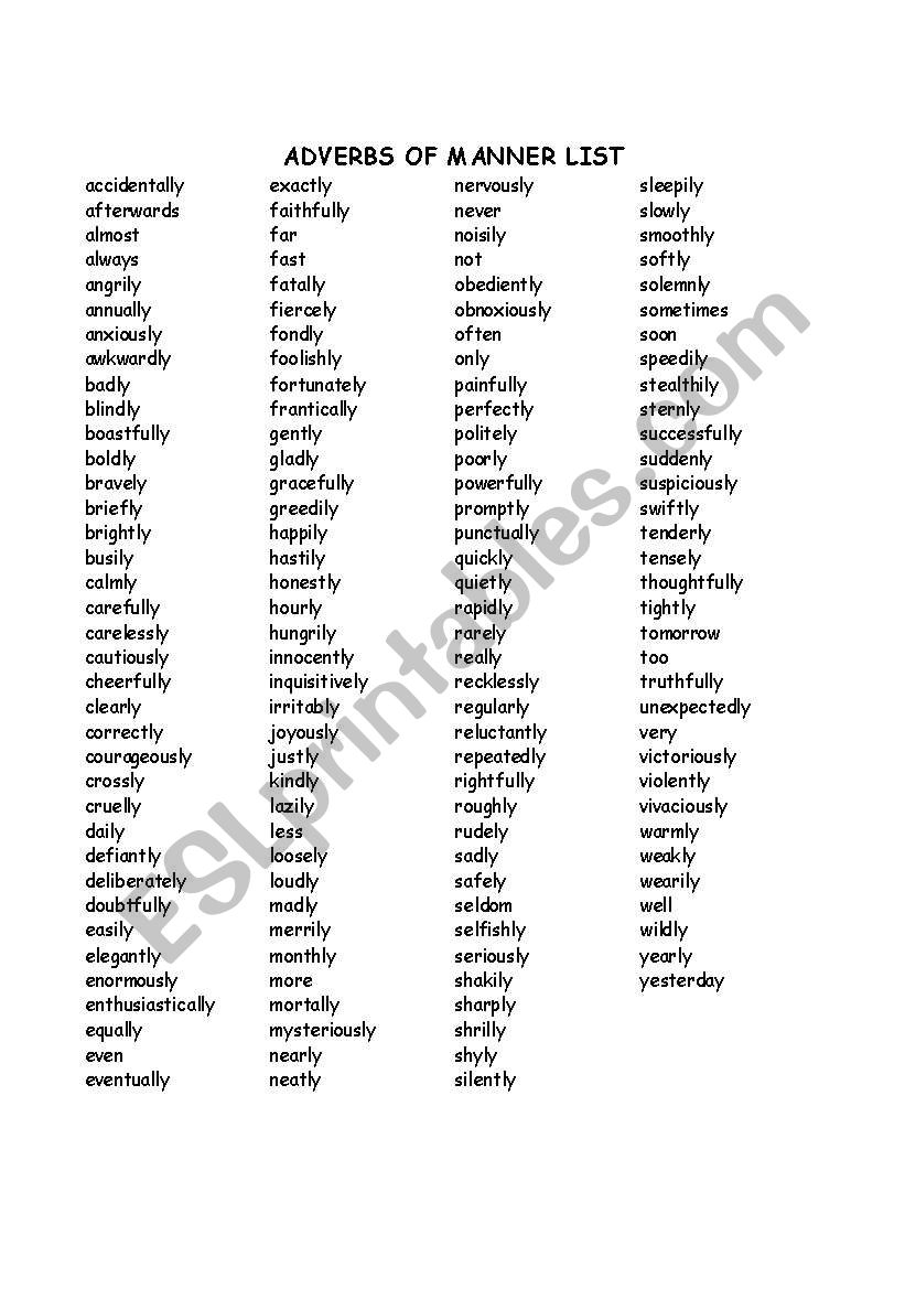 Adverbs of Manner List worksheet
