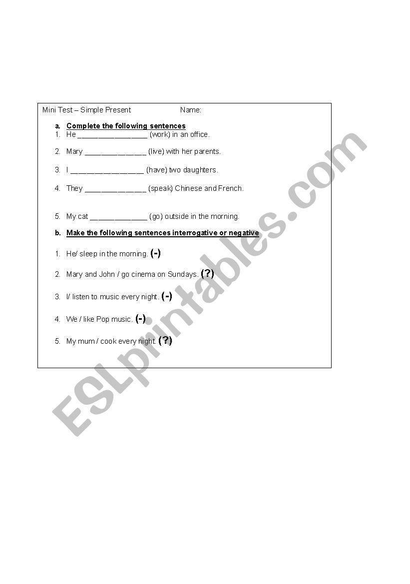 Mini test simple present worksheet