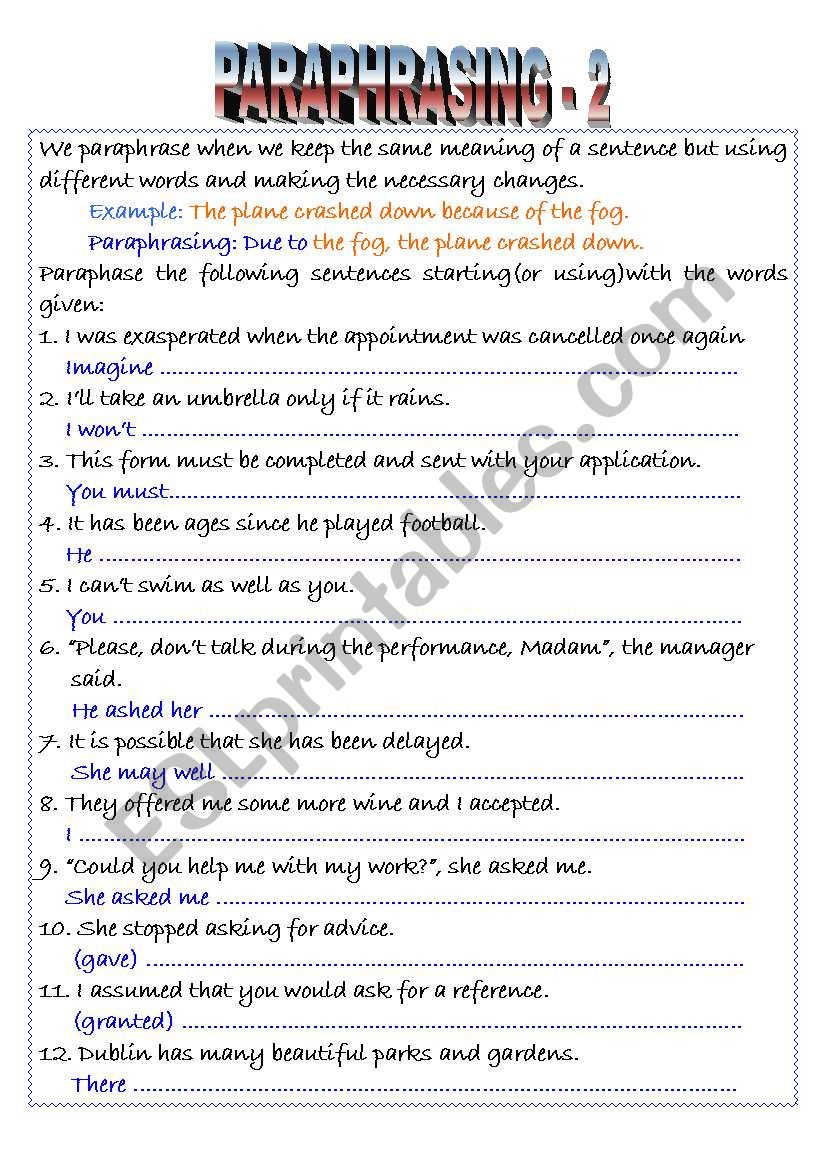 Paraphrasing -2 worksheet