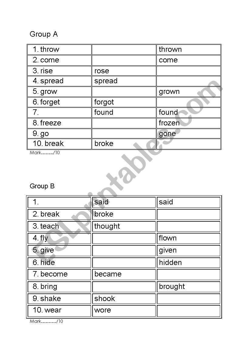 TEST - irregular verbs - 2 groups