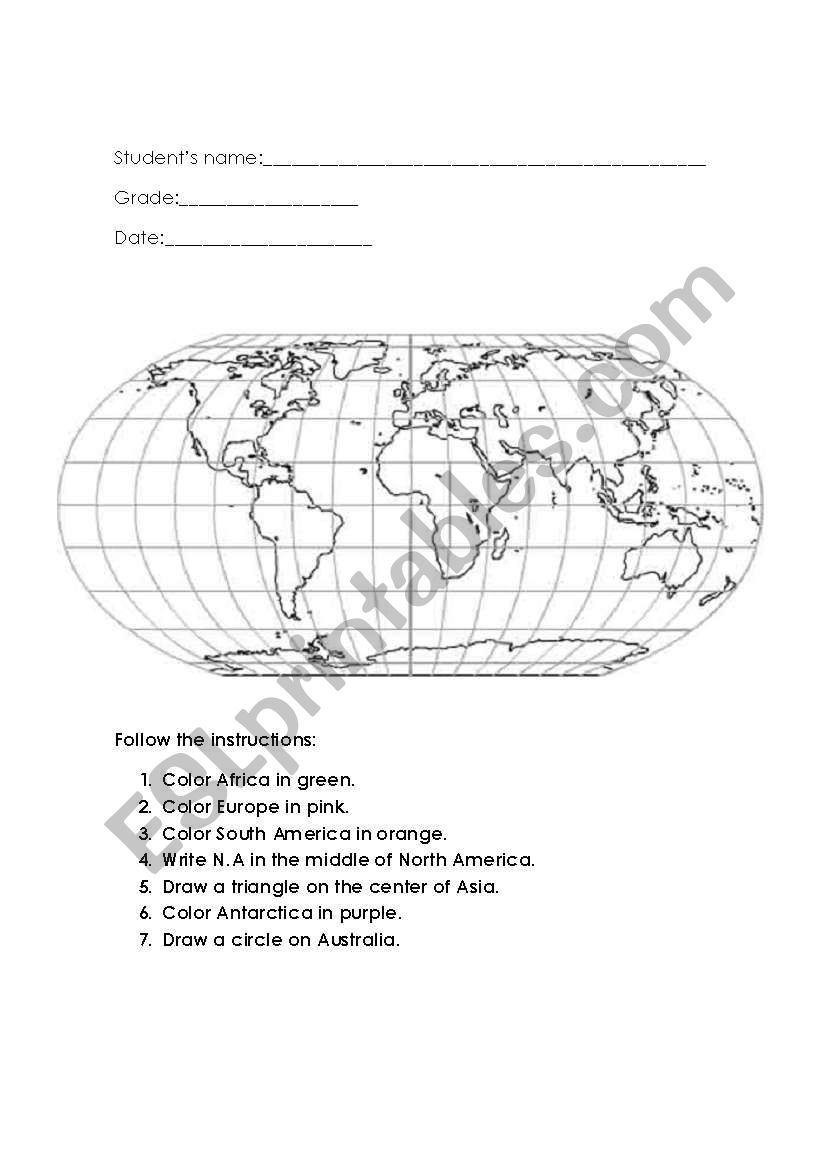 Placing the continents worksheet