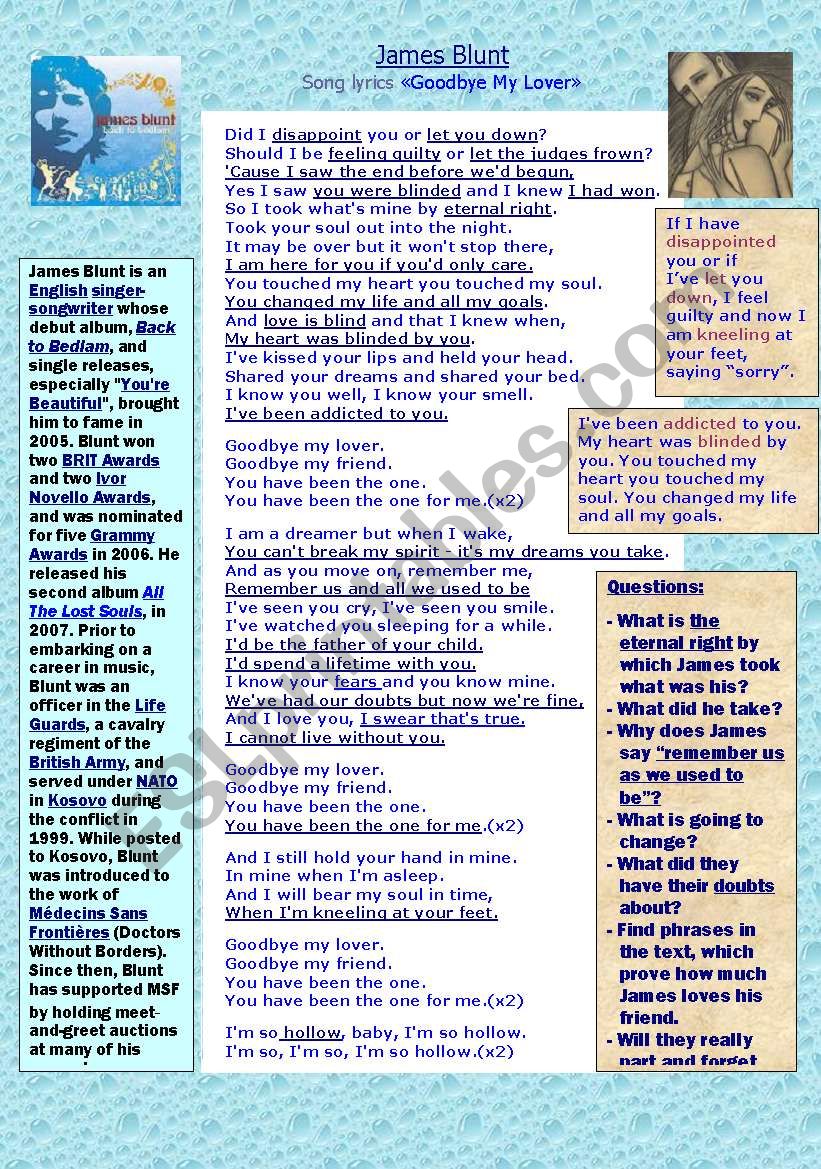 James Blunt - Goodbye My Lover - song + biography + questions 
