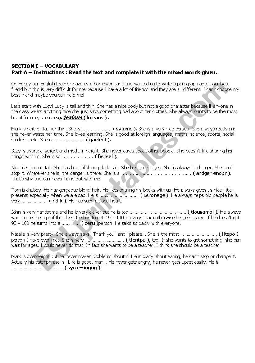 personality words worksheet