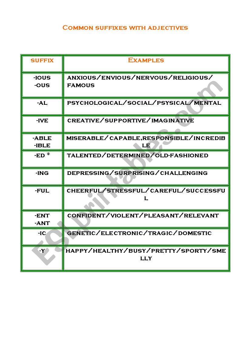 Common suffixes worksheet