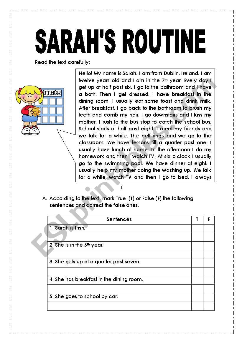 SARAHS ROUTINE worksheet