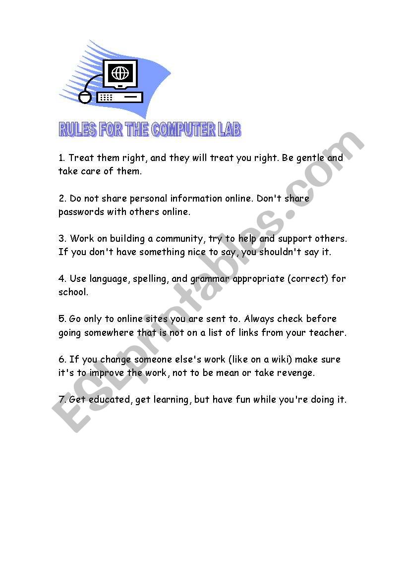 RULES FOR THE COMPUTER LAB worksheet