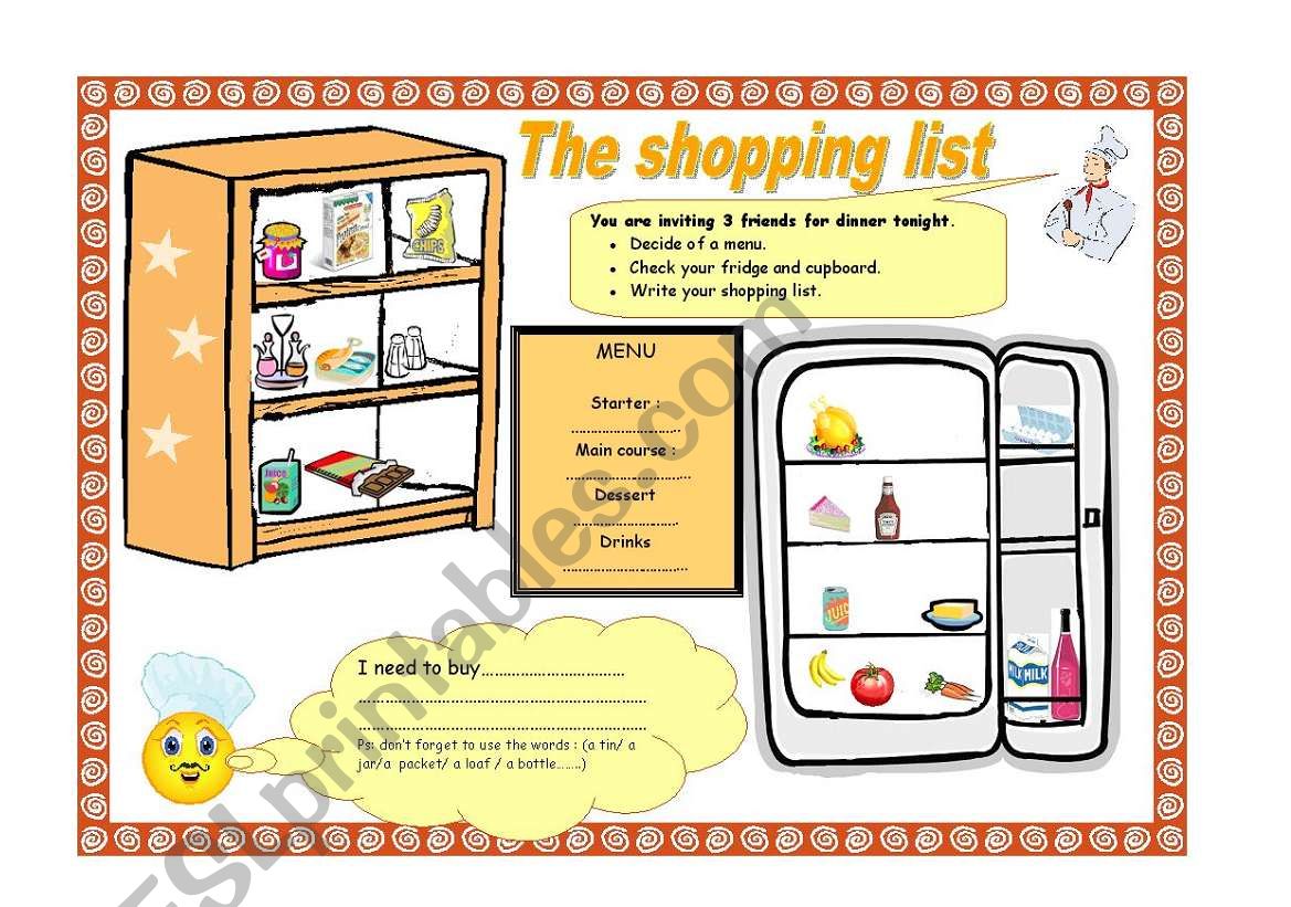 the shopping list  worksheet