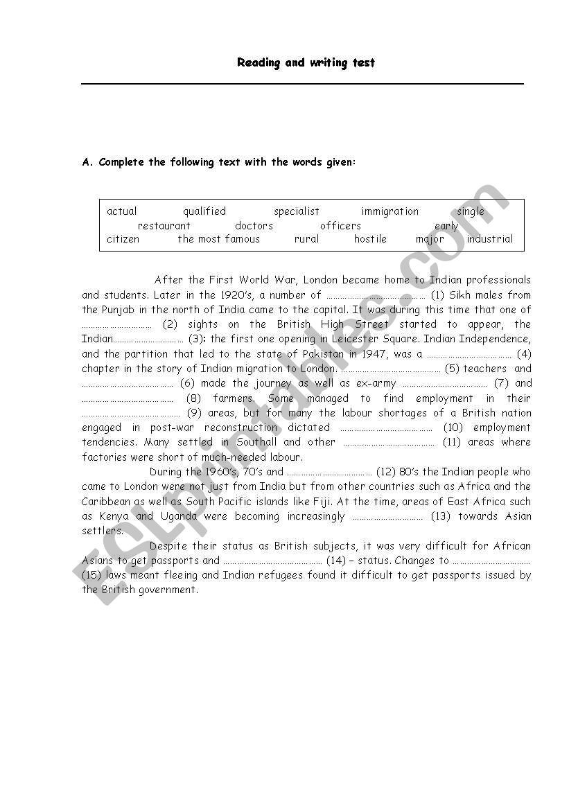 Immigration worksheet