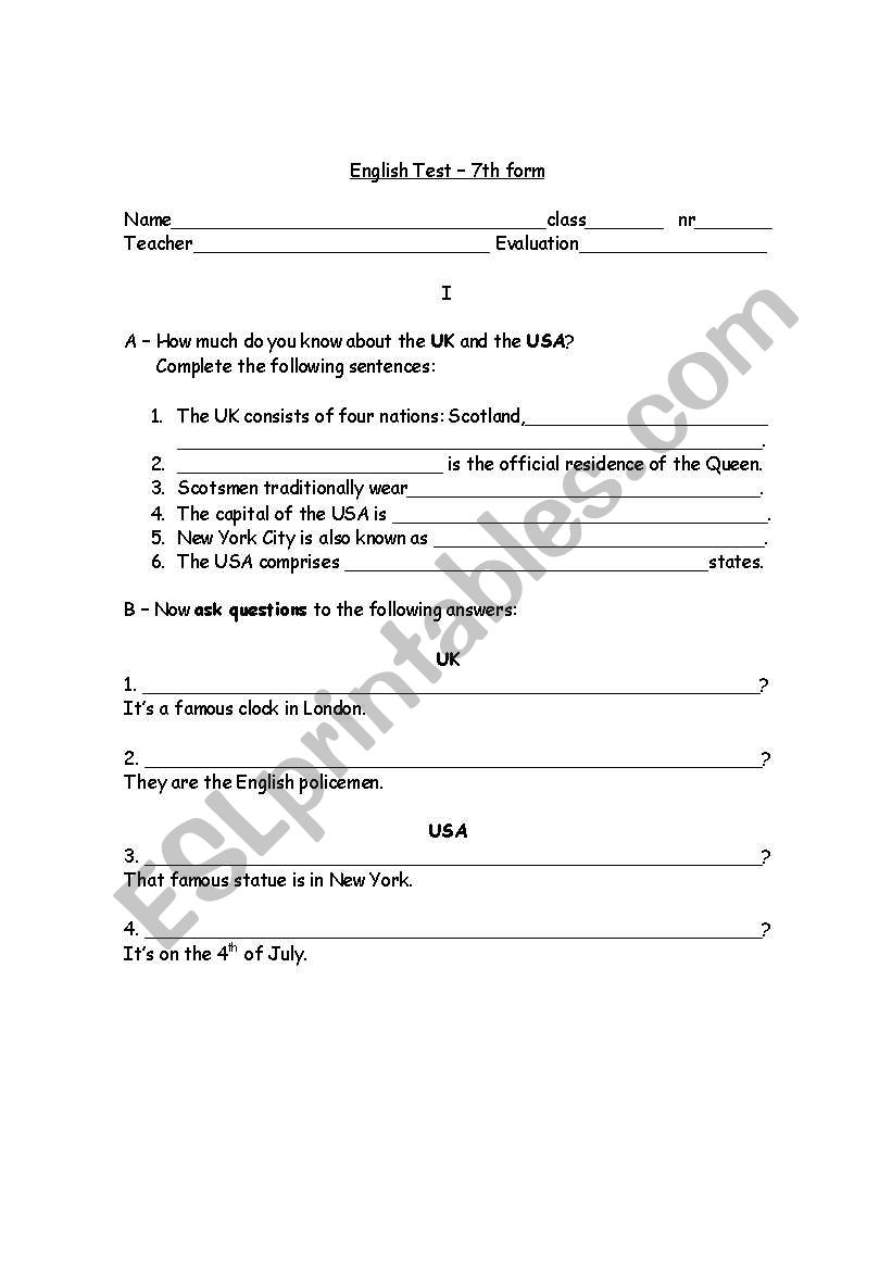Reading and writing test worksheet