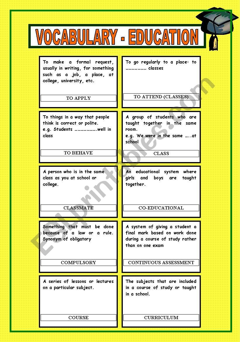 Vocabulary Game /Set of words worksheet