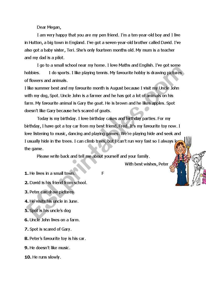 pen friend (reading text) worksheet