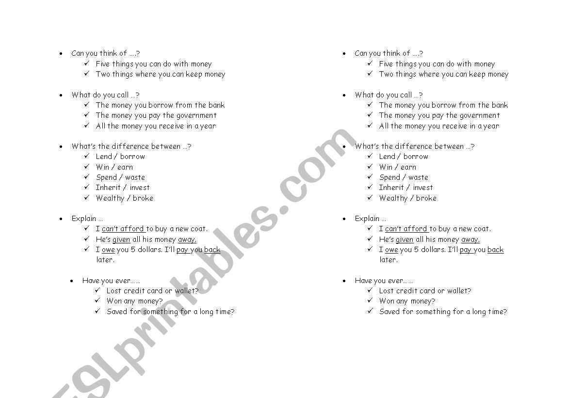 Money quiz worksheet