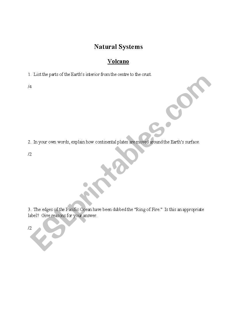 Volcano worksheet
