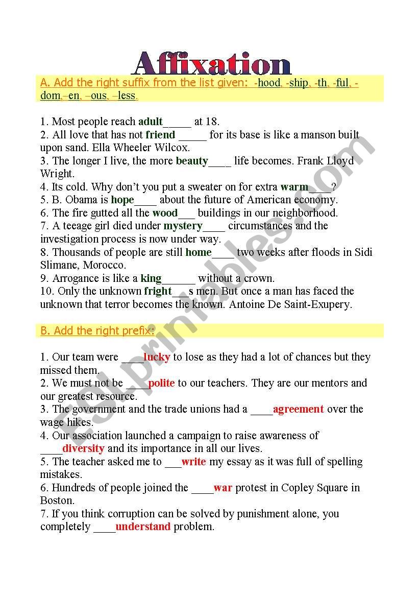 Affixation worksheet