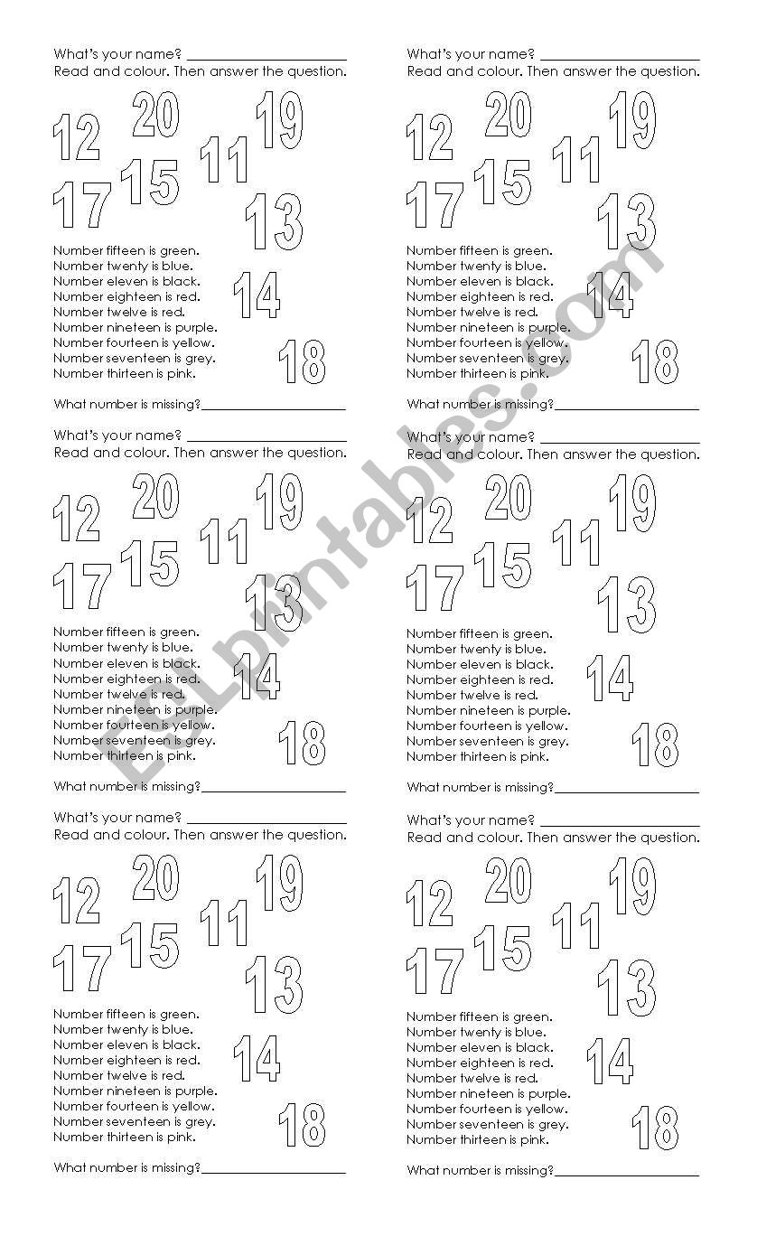 Read and colour numbers from 10 to 20