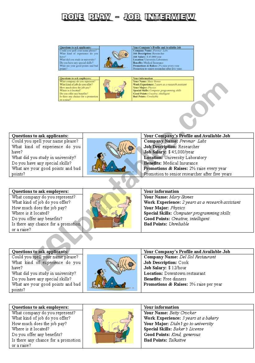Cards - Role play - The Job Interview - ESL worksheet by alexa25
