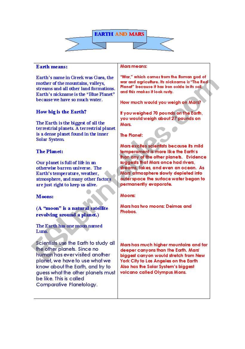 Earth and Mars worksheet
