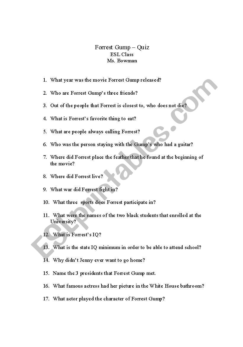 Forrest Gump (movie) - Quiz worksheet