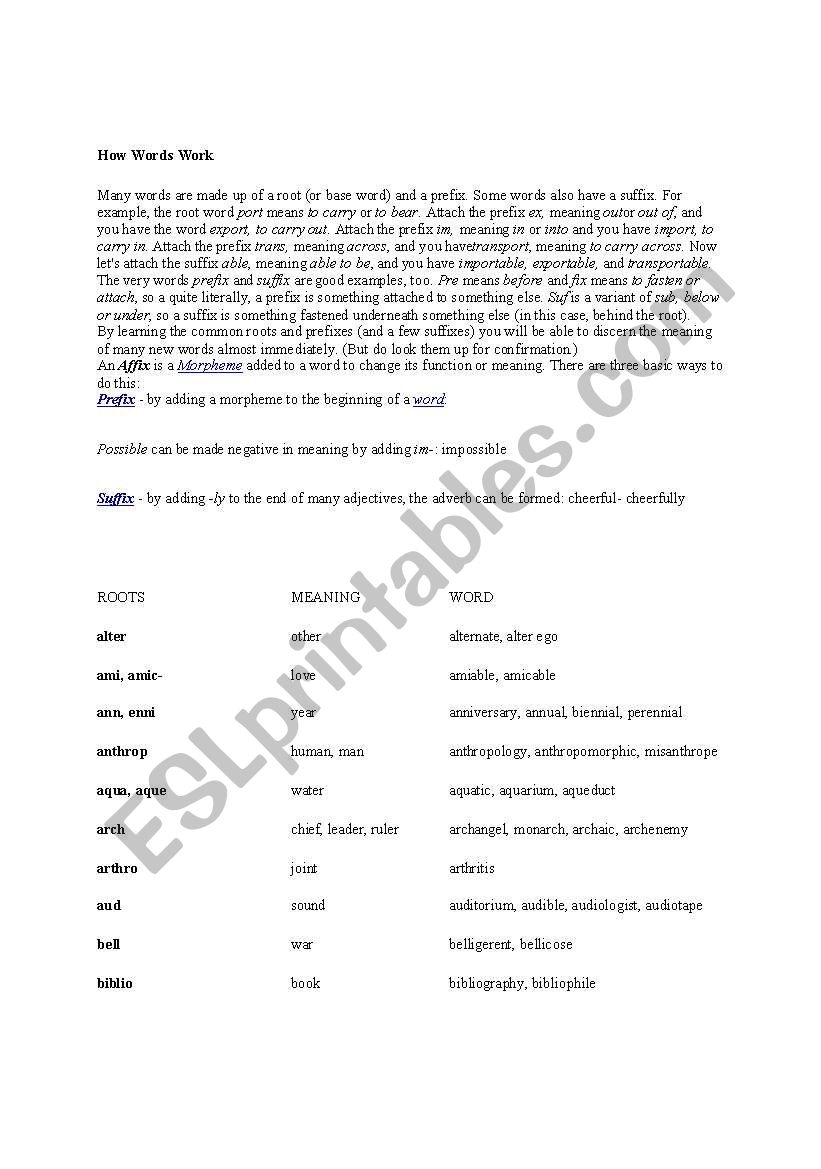 Affixes: Root Words, Prefixes and Suffixes