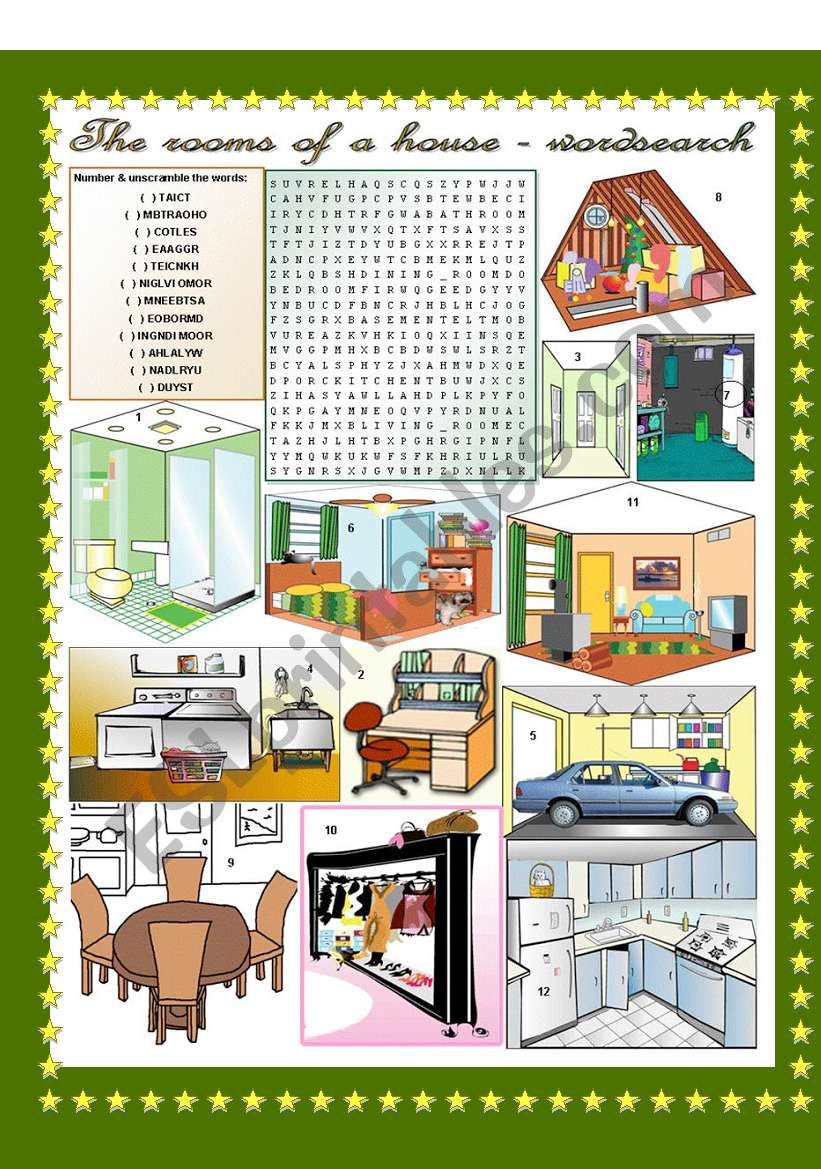 The rooms of a house - wordsearch  (keys included)