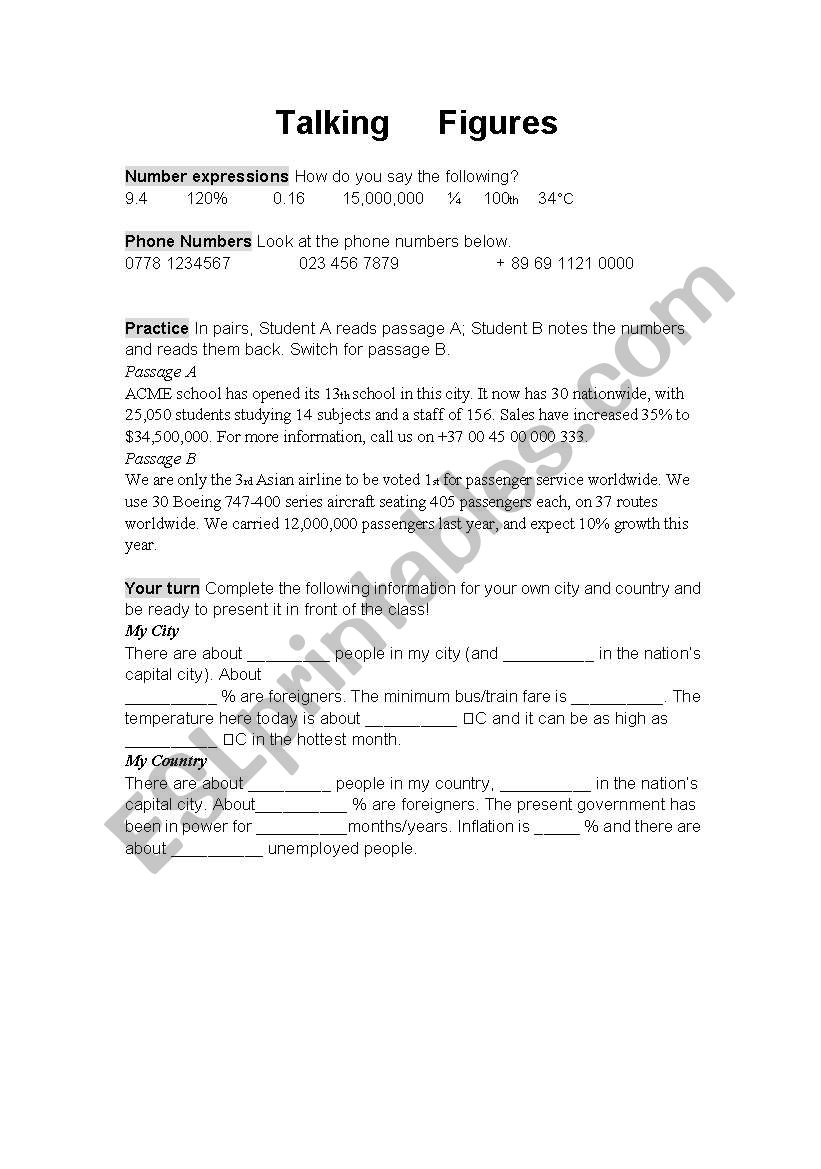 Talking figurs/numbers worksheet