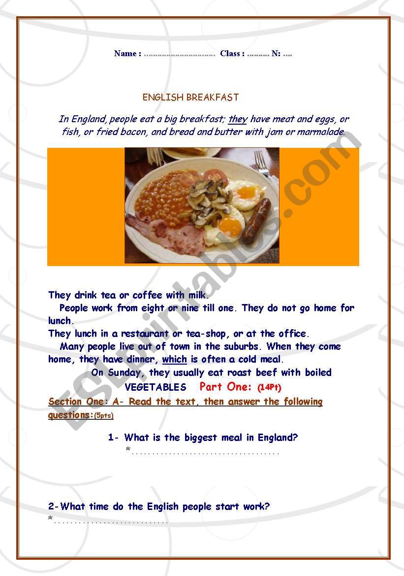 English breakfast worksheet