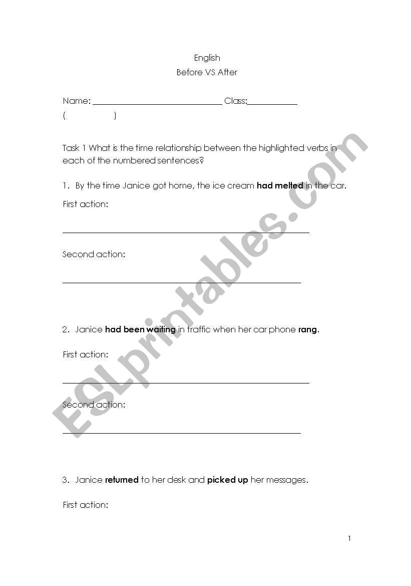 Before VS After worksheet