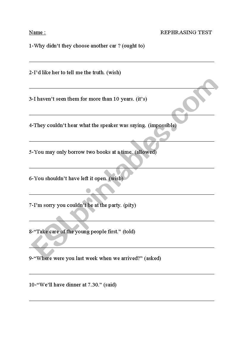 rephrasing test worksheet