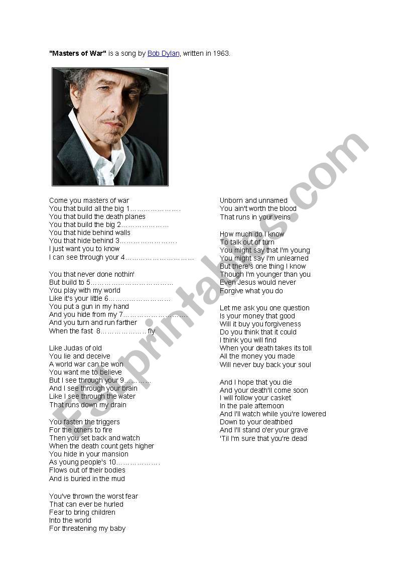 masters of war by Bob Dylan worksheet