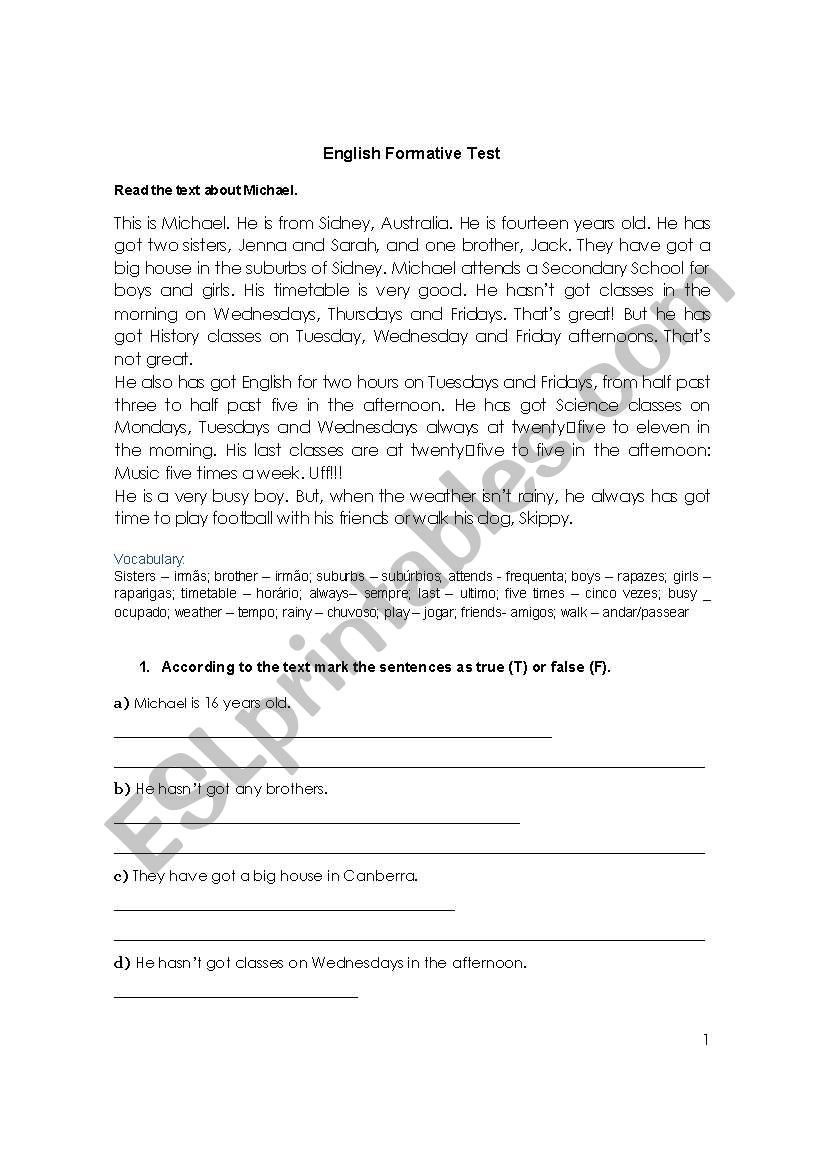 English test worksheet